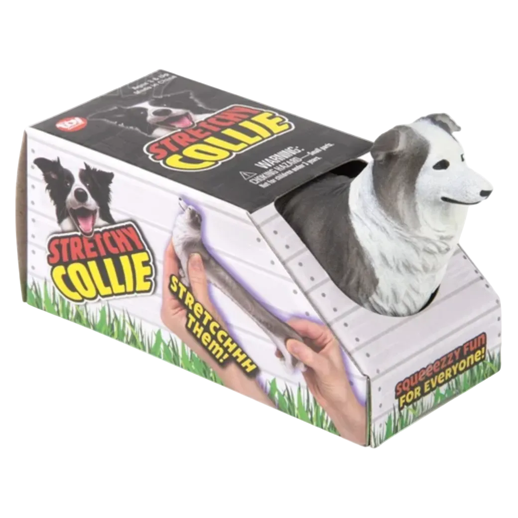Boxed Stretchy Collie toy with a dog illustration on a white background