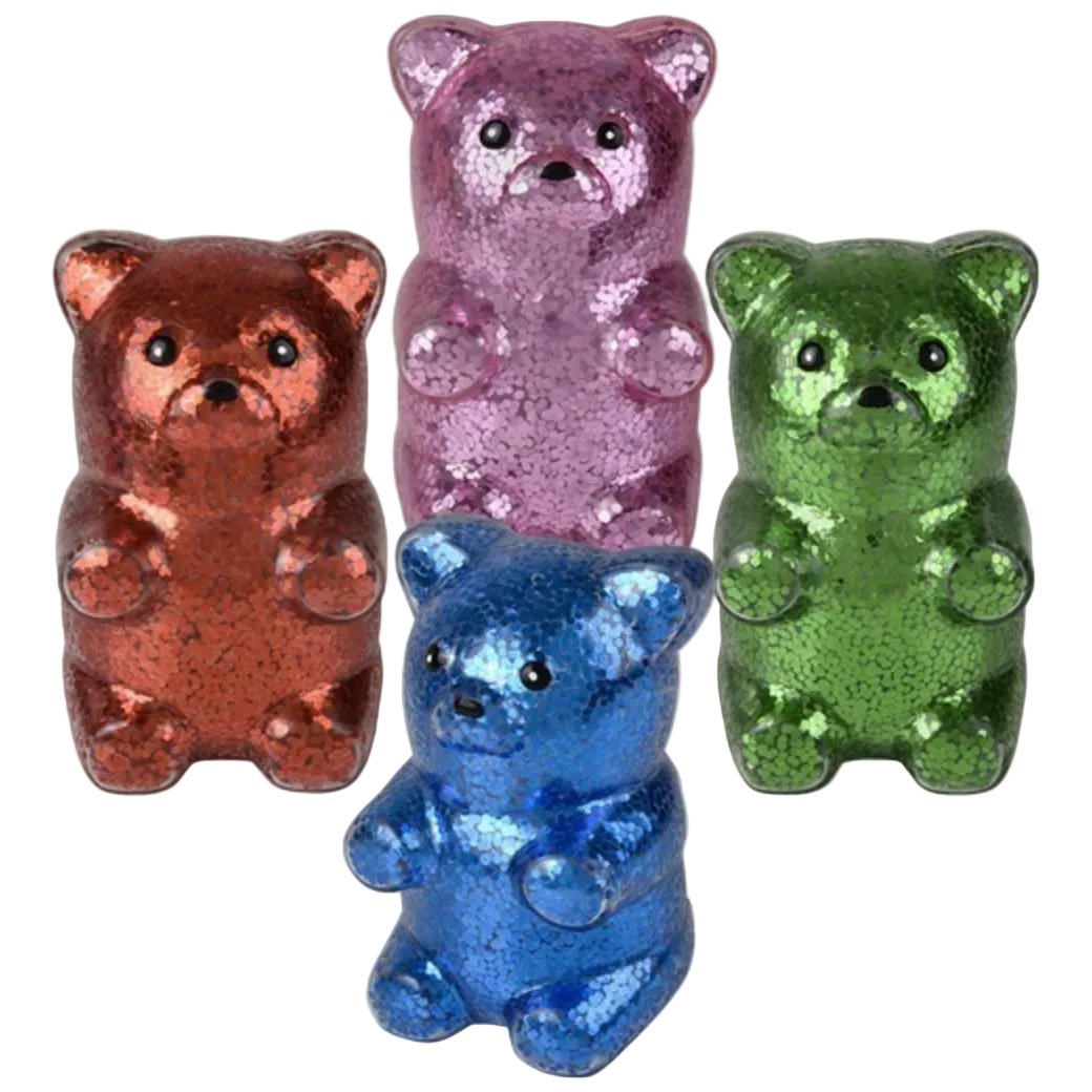 Four glittery bear figurines in red, pink, blue, and green on a white background.