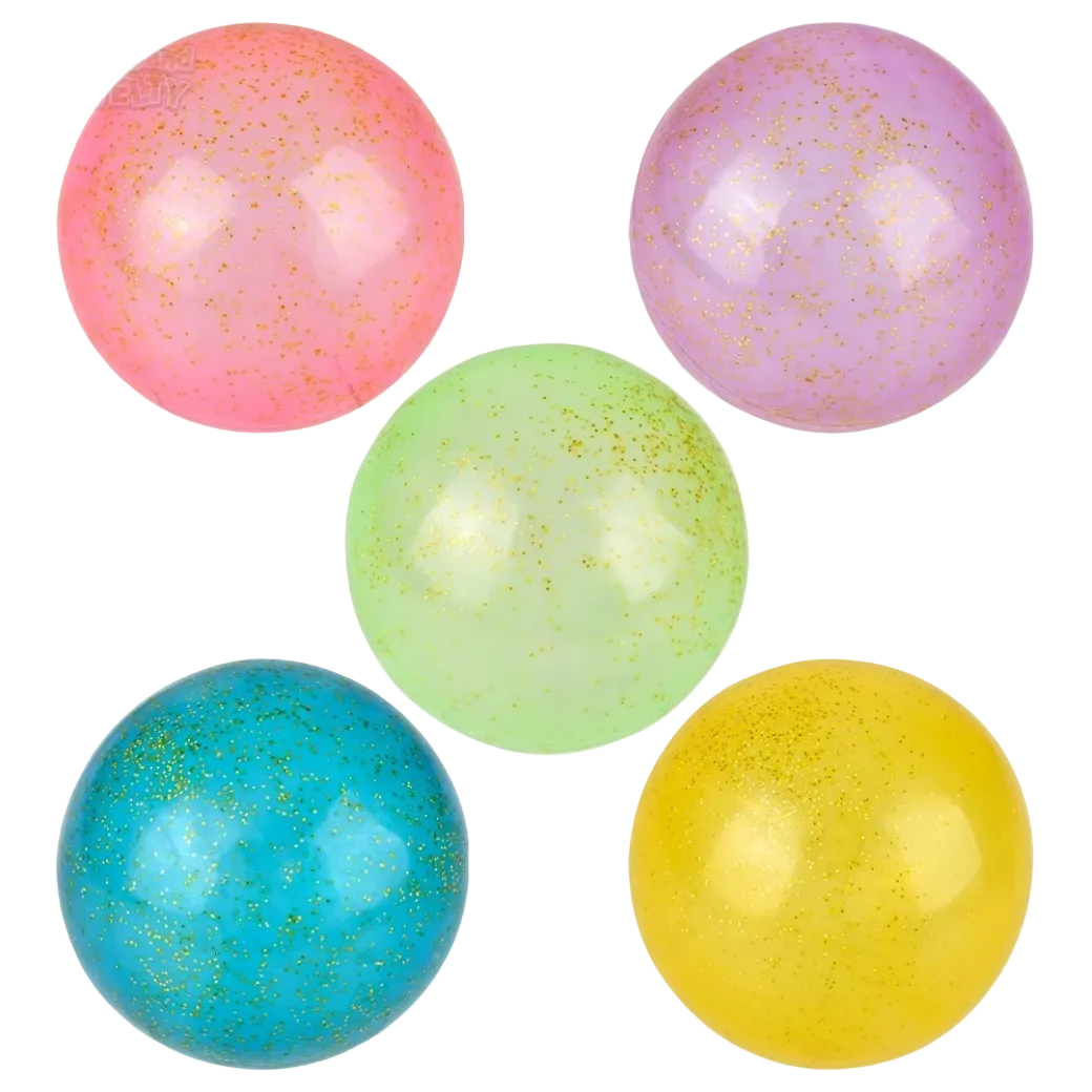 Five colorful glittery balls on a white background