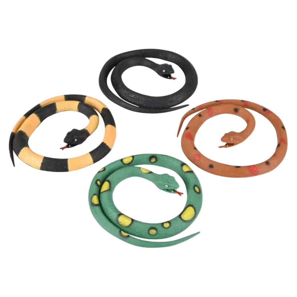 Four toy snakes in different colors on a white background