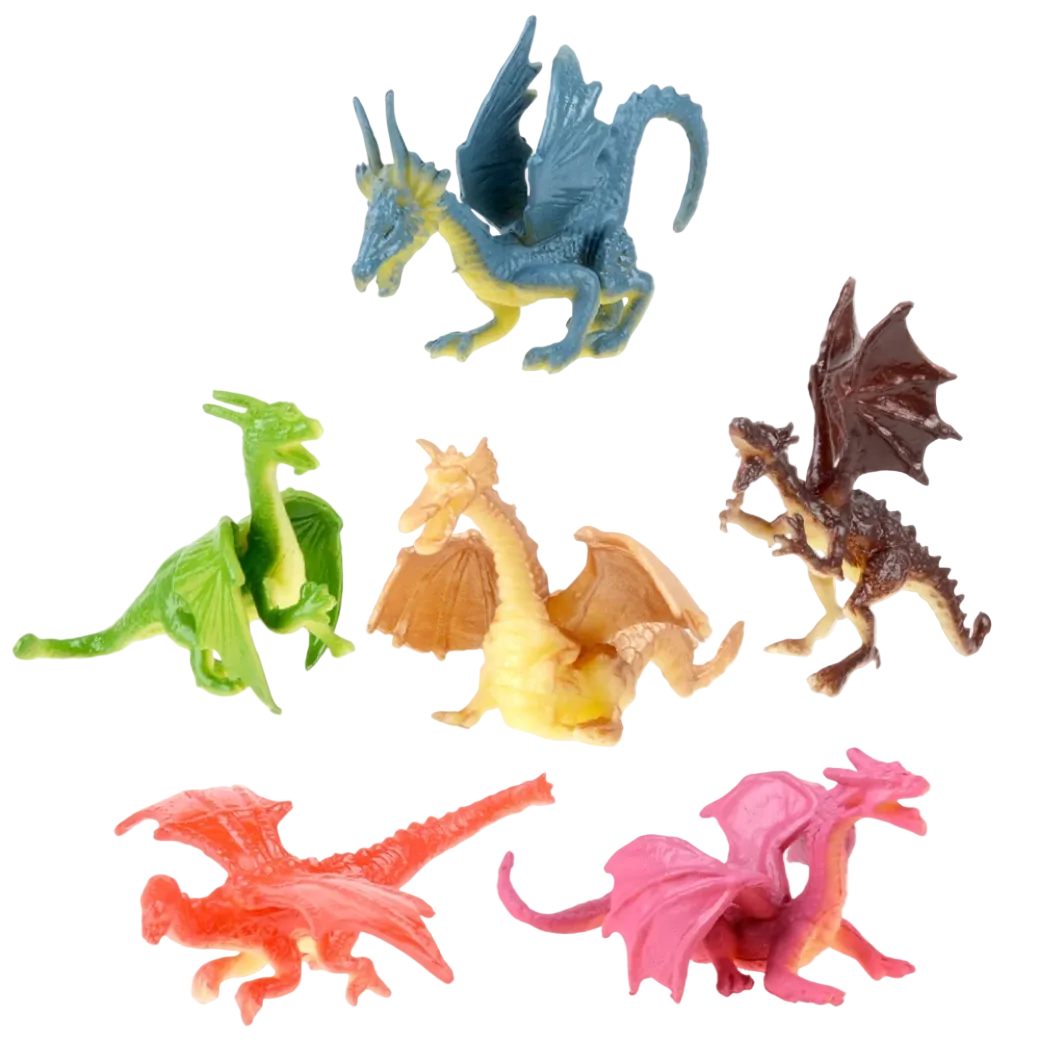 Set of colorful dragon figurines on a white background