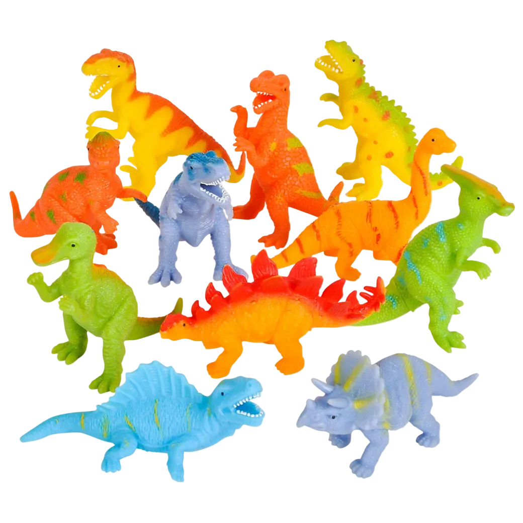 Assorted colorful dinosaur toys on a white background