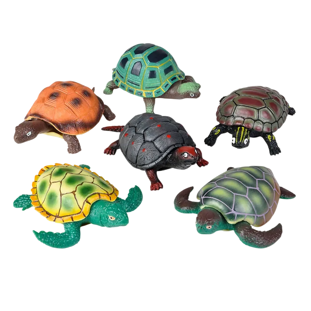 Set of colorful turtle figurines on a white background