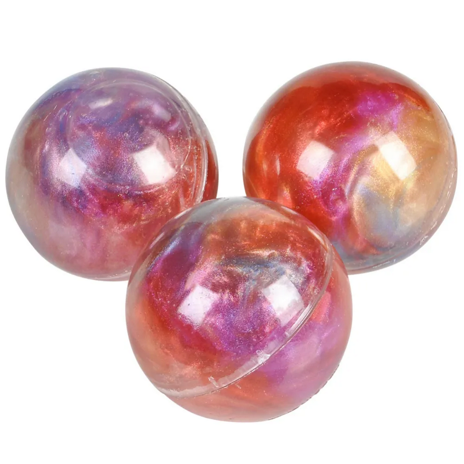 Three marbled slime balls in red, purple, and gold on a white background