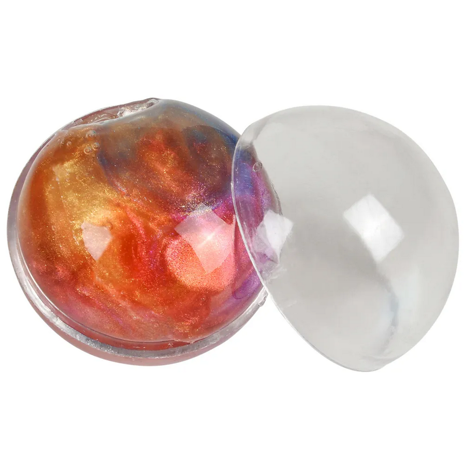 Colorful lip balm in a transparent case on a white background