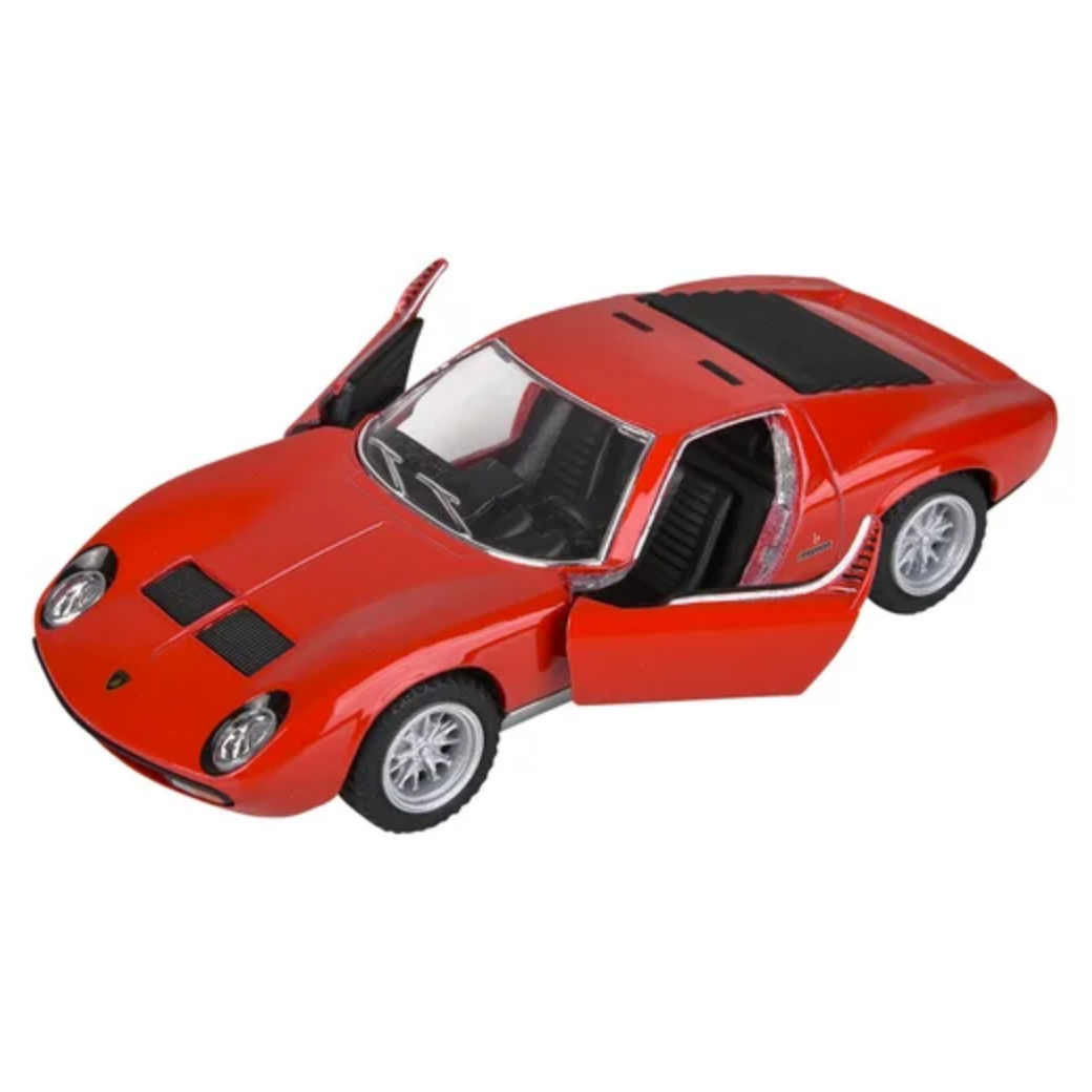 Red sports car model with open doors on a white background