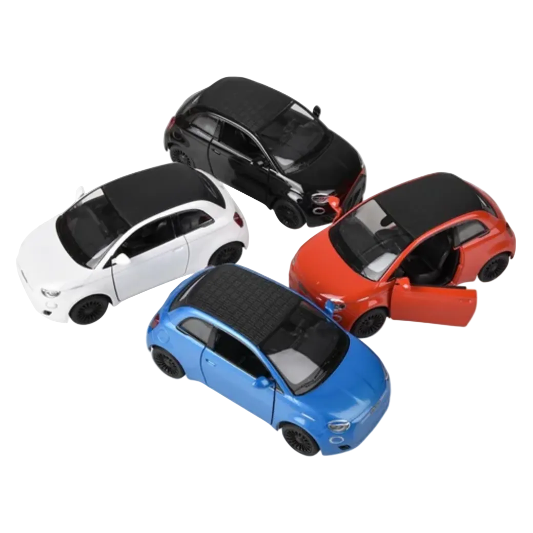 Four toy cars in black, white, red, and blue on a white background 