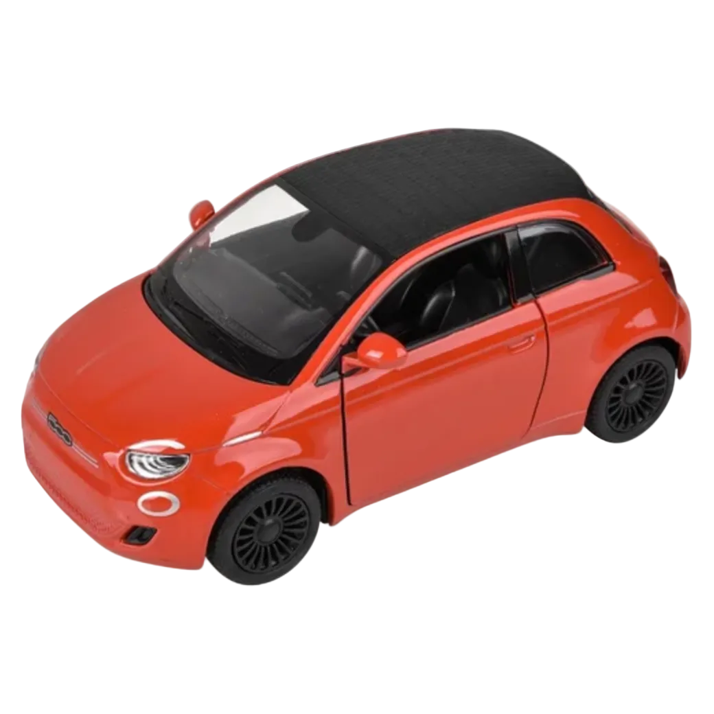 Red toy car with black interior on a white background
