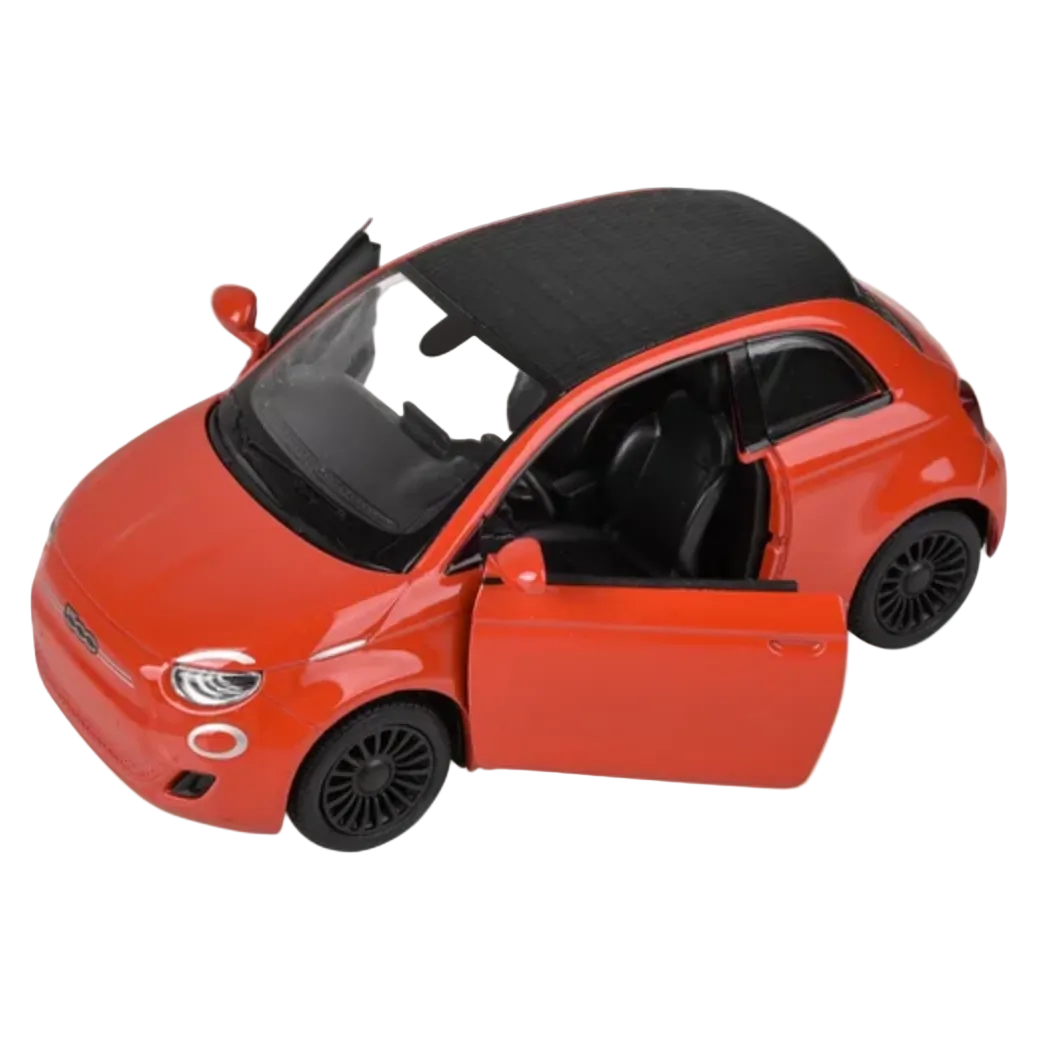 Red toy car with open door on a white background