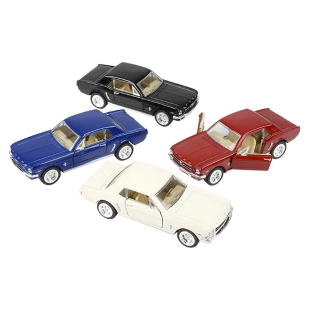 Four model cars in black, blue, white, and red on a white background 