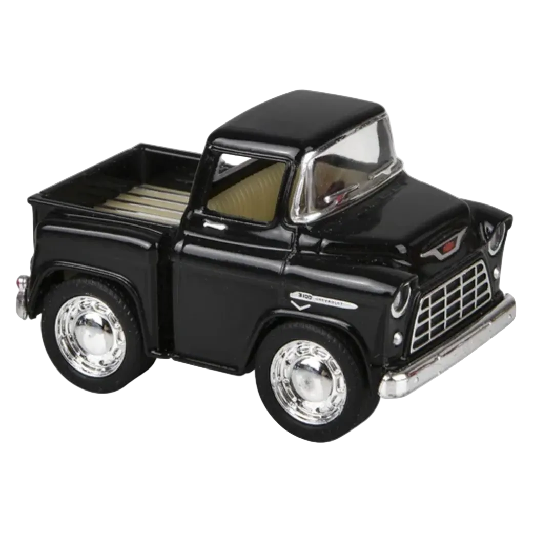 Black vintage-style toy truck on a white background