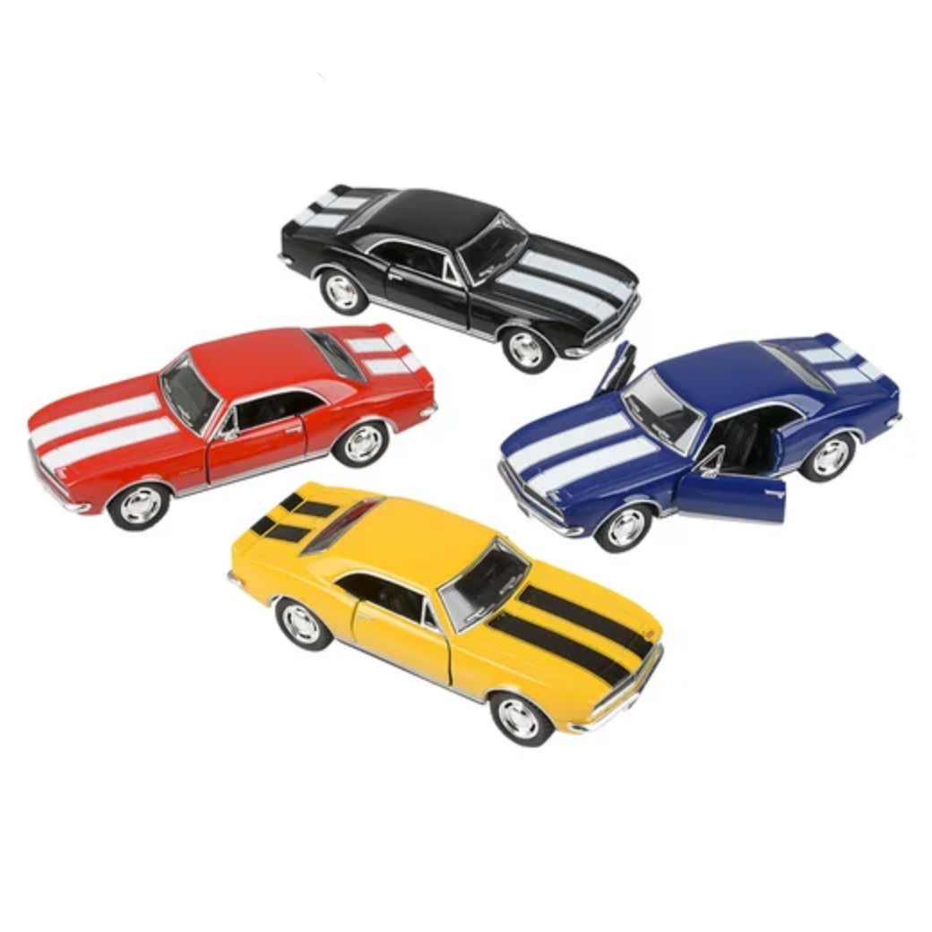 Four colorful model cars on a white background