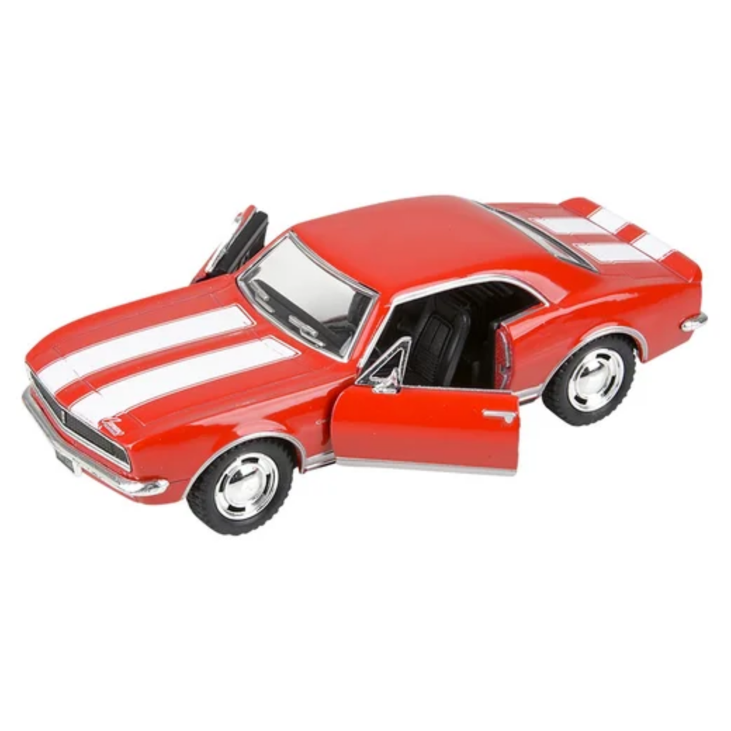 Red model car with white stripes on a white background