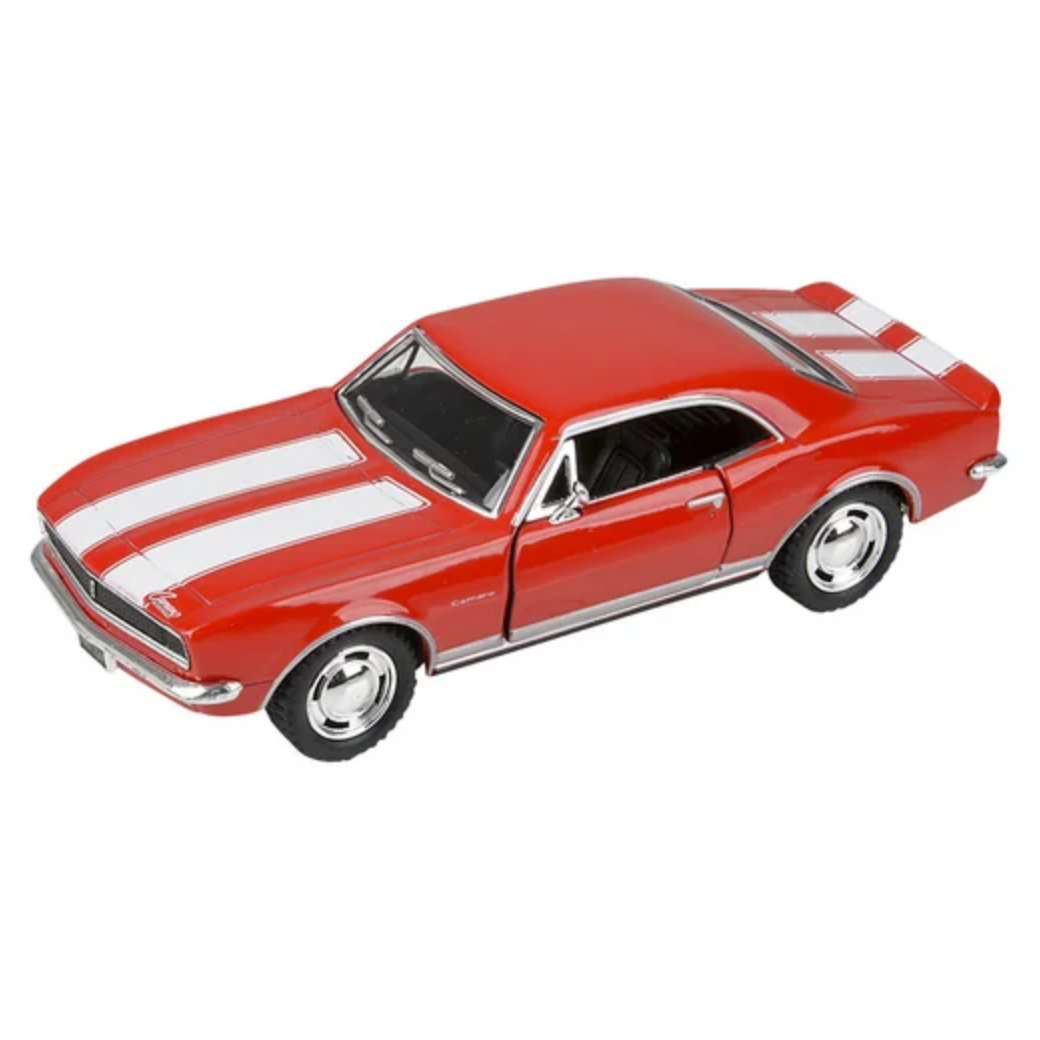 Red model car with white stripes on a white background