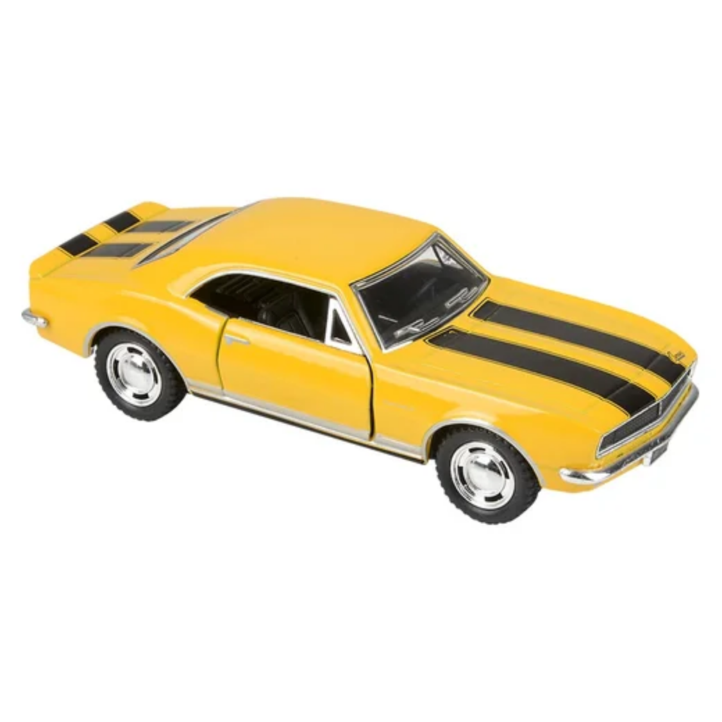 Yellow model car with black stripes on a white background