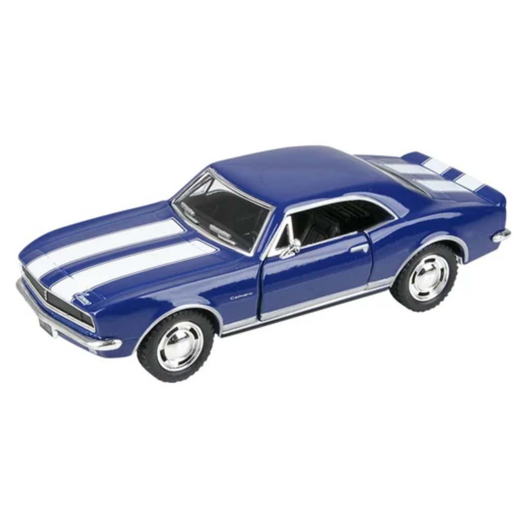 Blue model car with white stripes on a white background