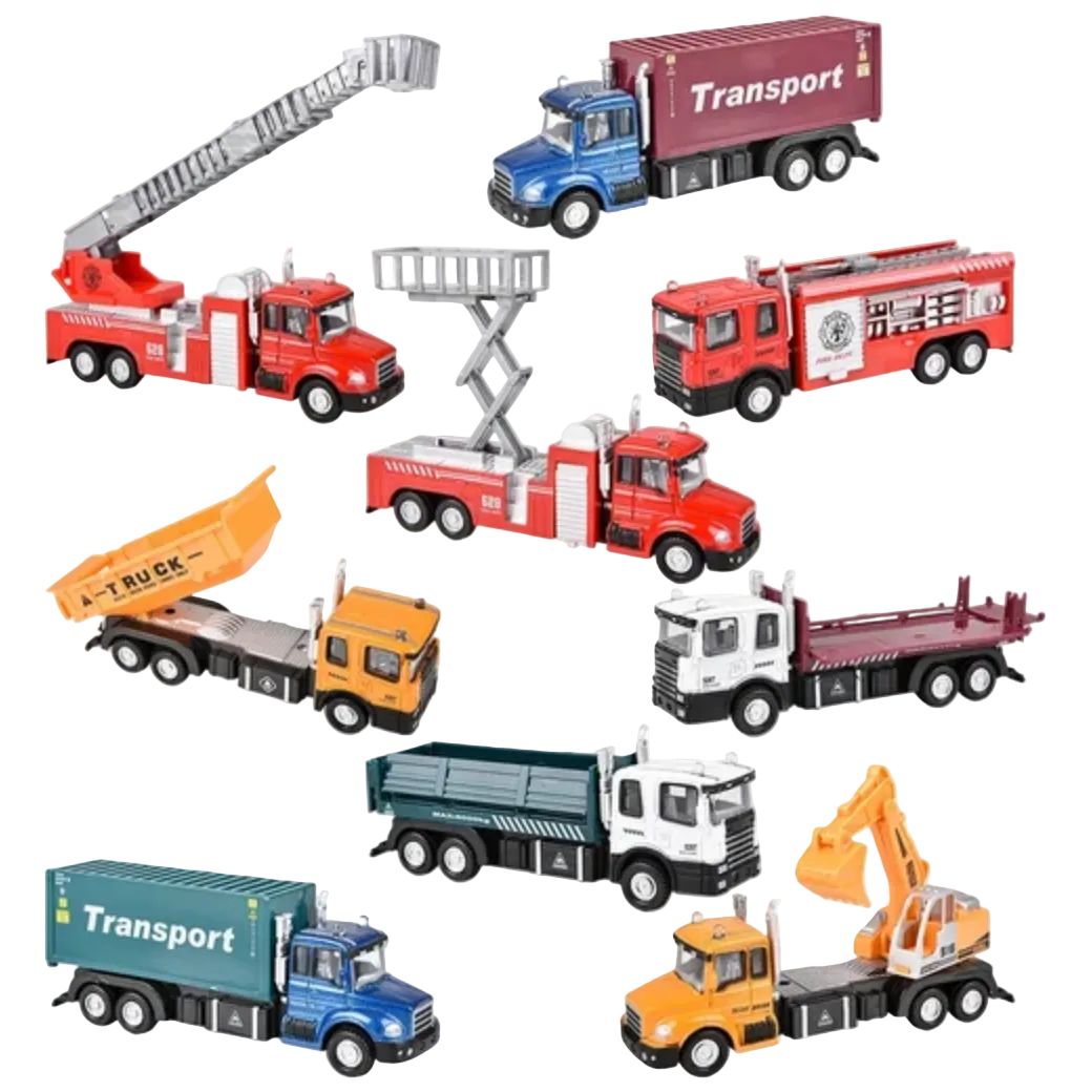 Collection of toy construction and service vehicles on a white background