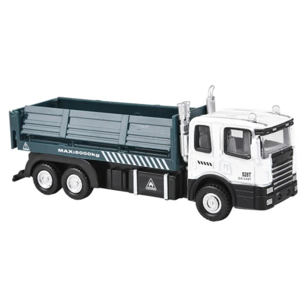 Toy truck with a white cab and gray bed on a white background