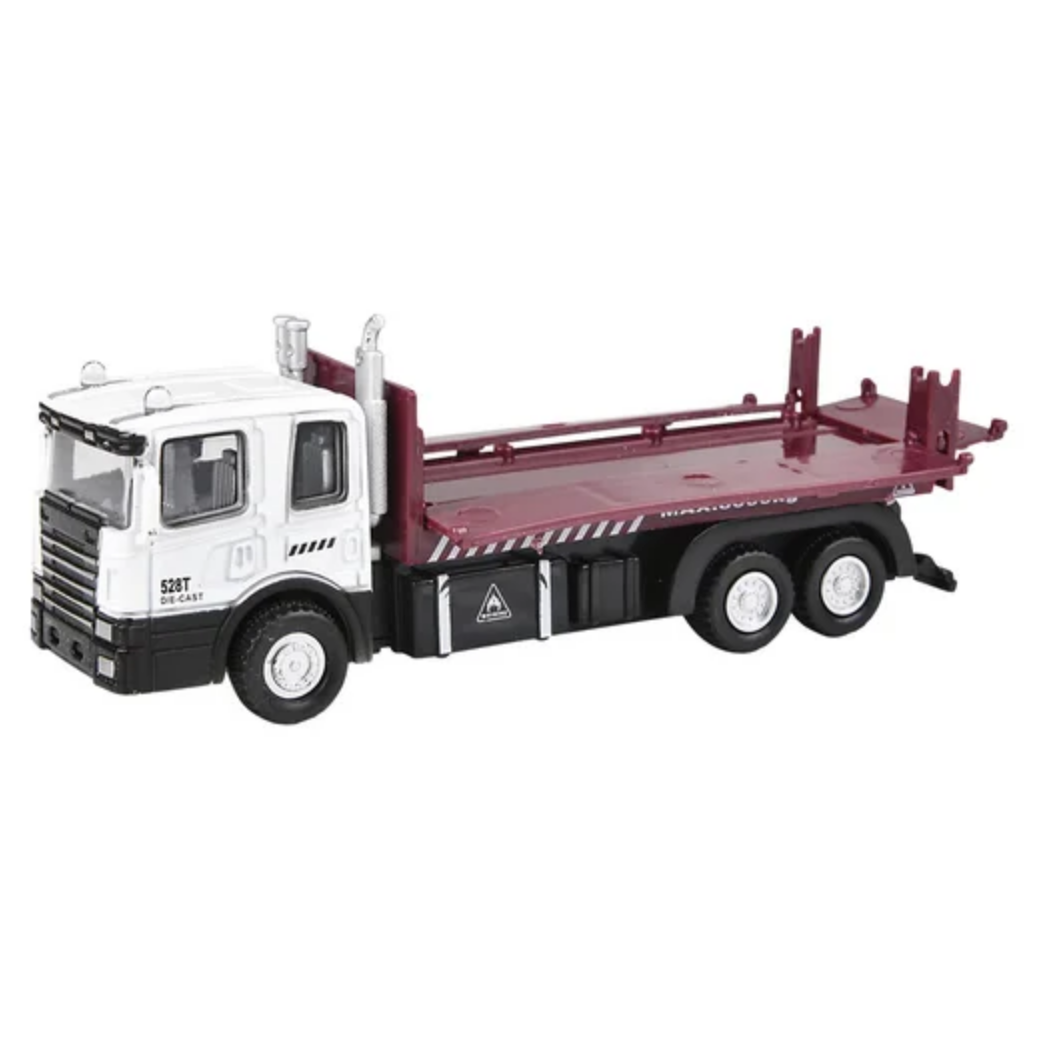 Model truck with a flatbed on a white background