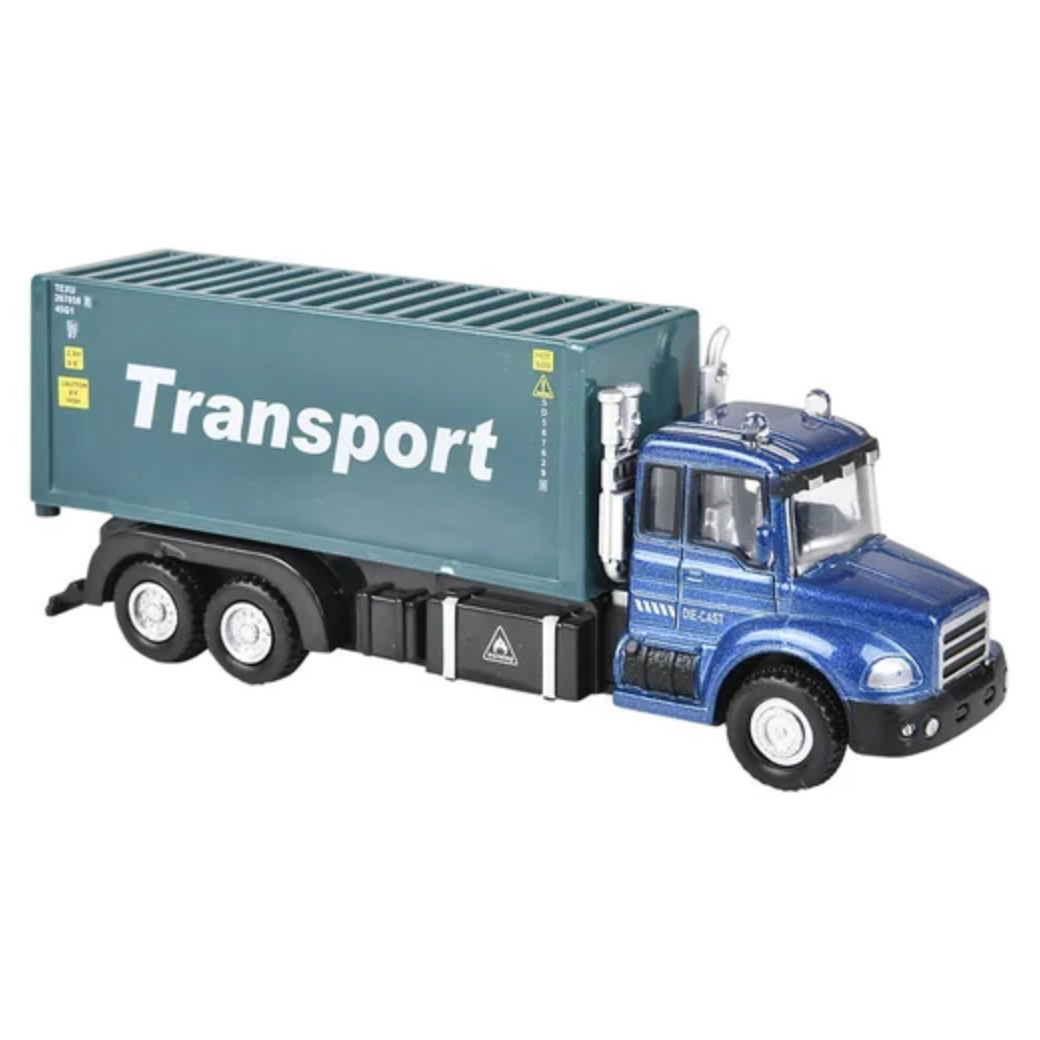 Toy truck with a green container labeled 'Transport' on a white background