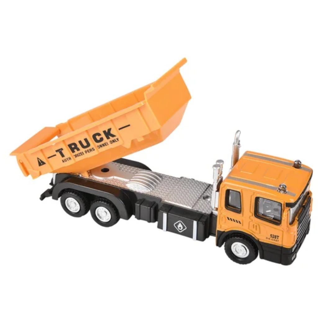 Toy dump truck with an open bed on a white background