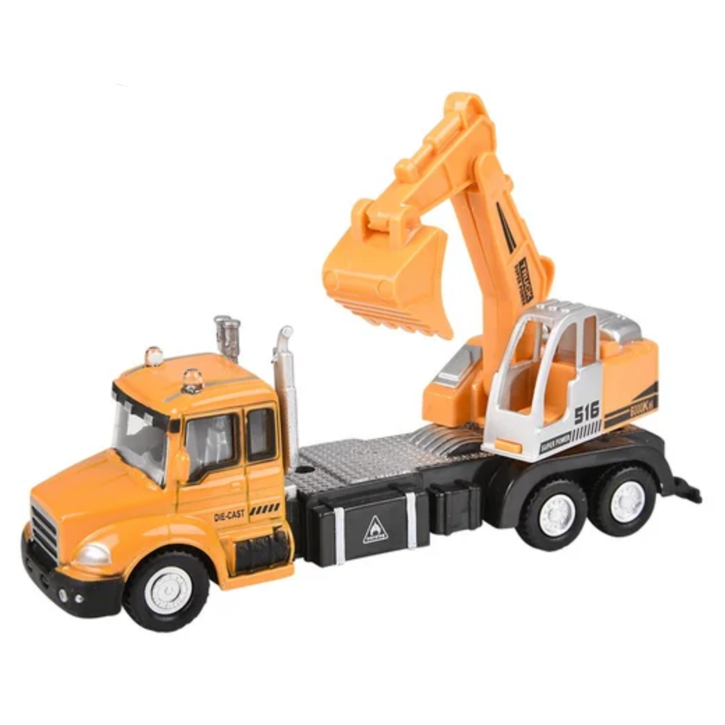 Toy truck with excavator on a white background