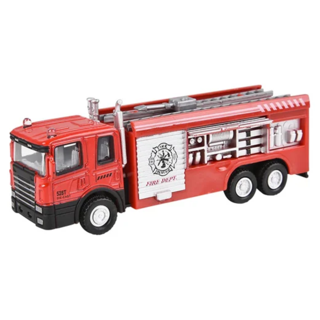 Red toy fire truck with ladder on a white background