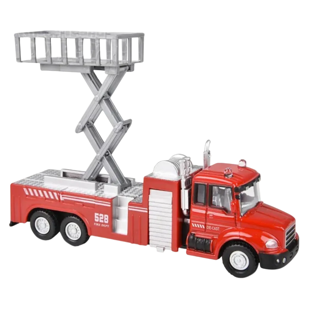 Red toy fire truck with a scissor lift on a white background