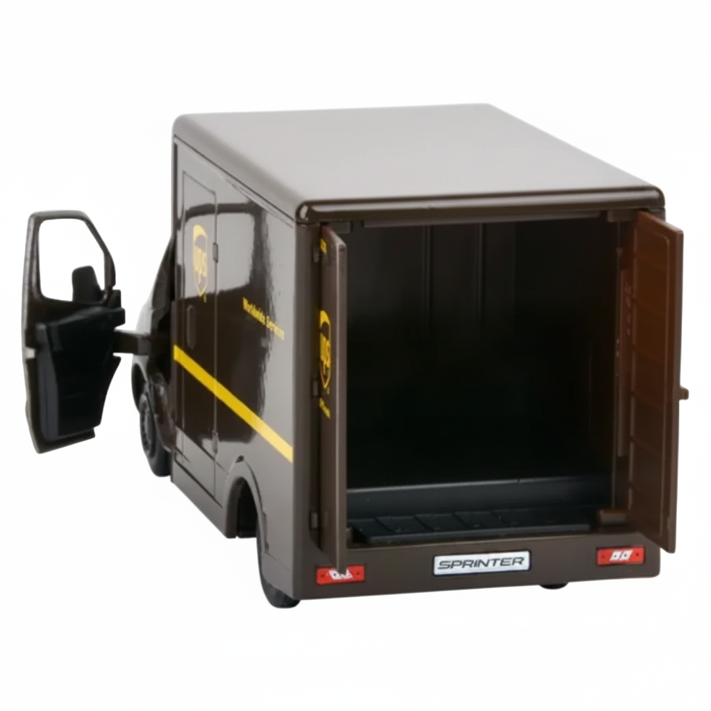 Model of a brown van with open doors on a white background
