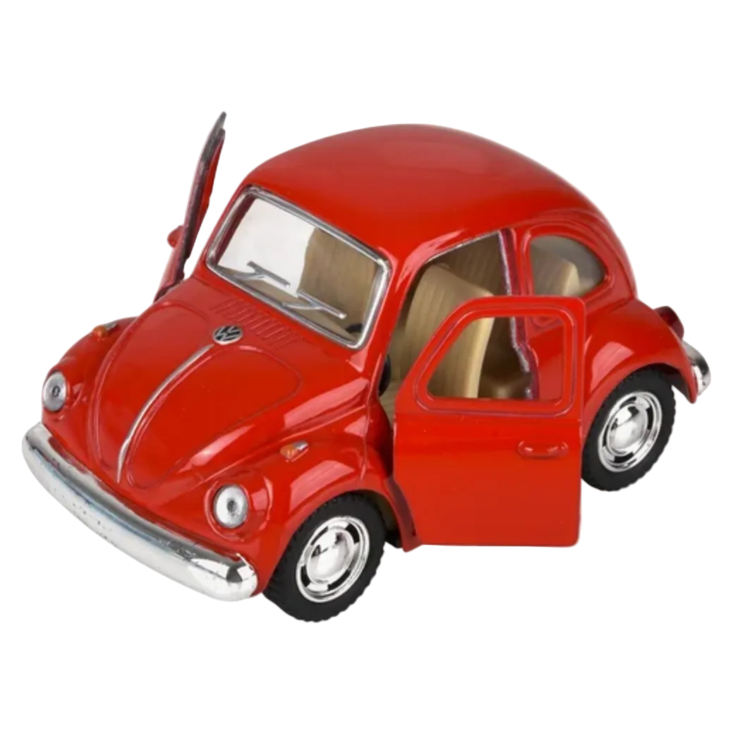Red toy car with open door on a white background