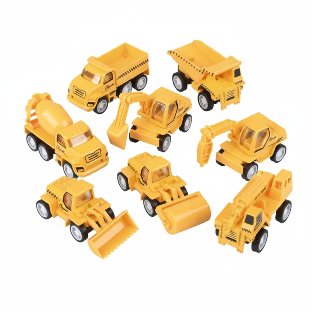 Set of yellow toy construction vehicles on a white background