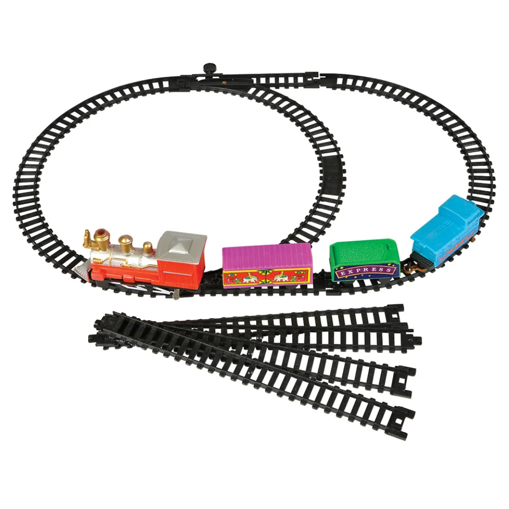 Toy train set with colorful cars on a white background