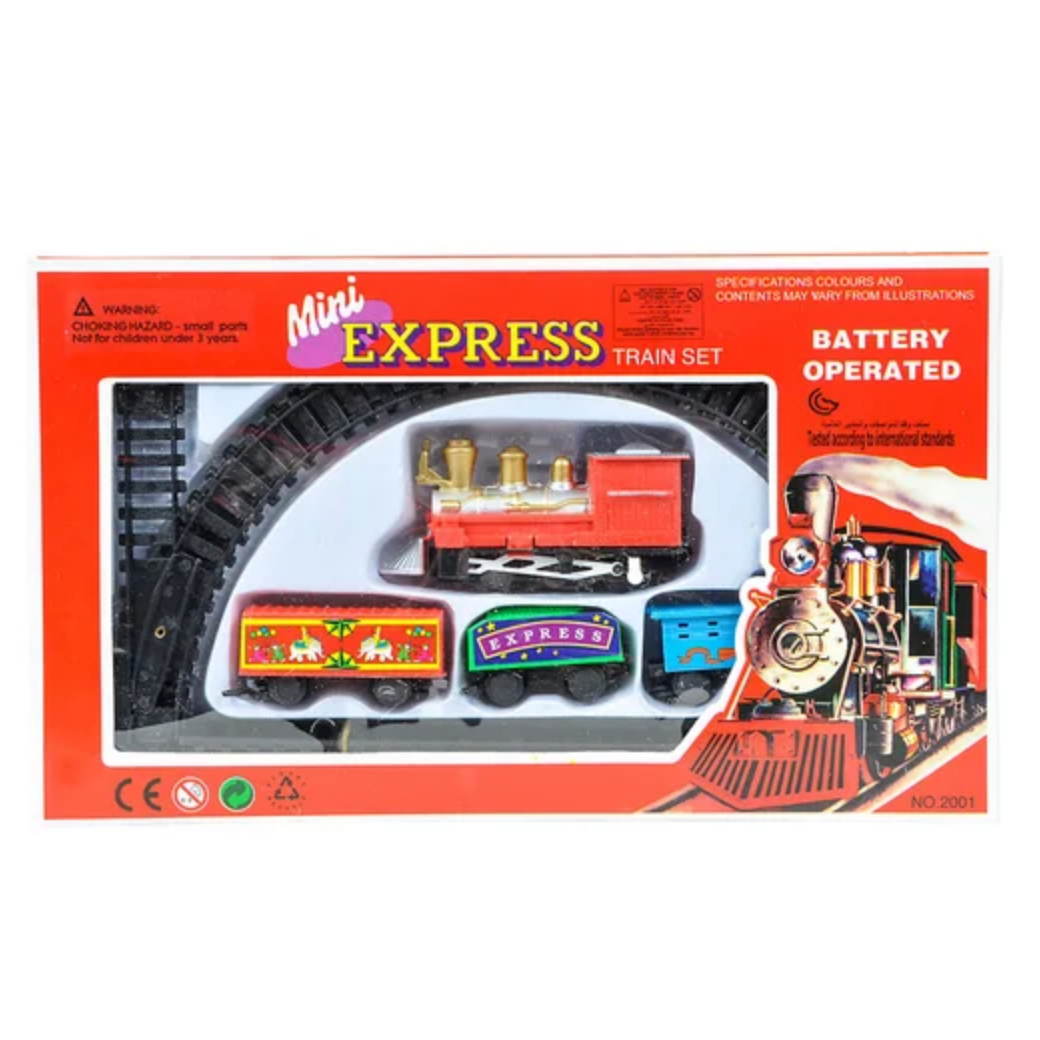 Boxed mini express train set with battery operation on a white background