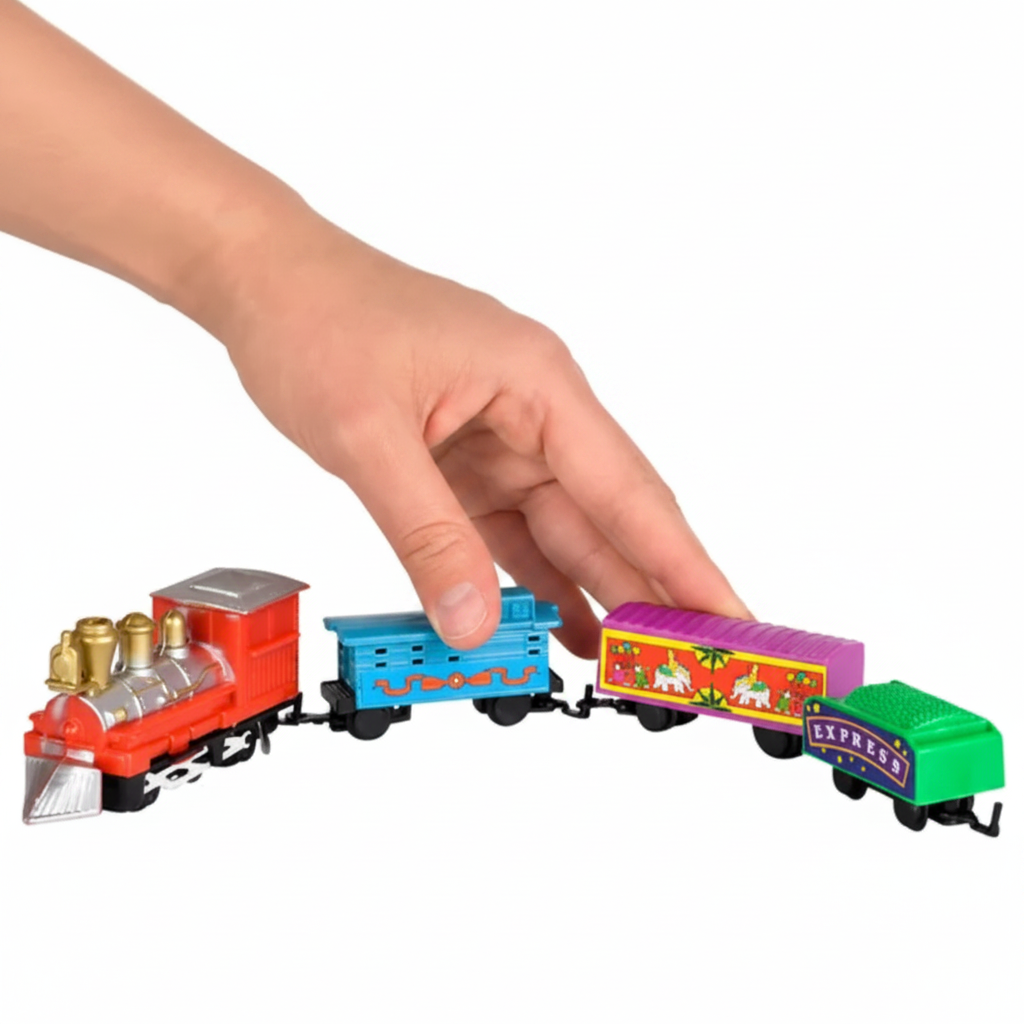 Colorful toy train set with a hand interacting with it, on a white background.