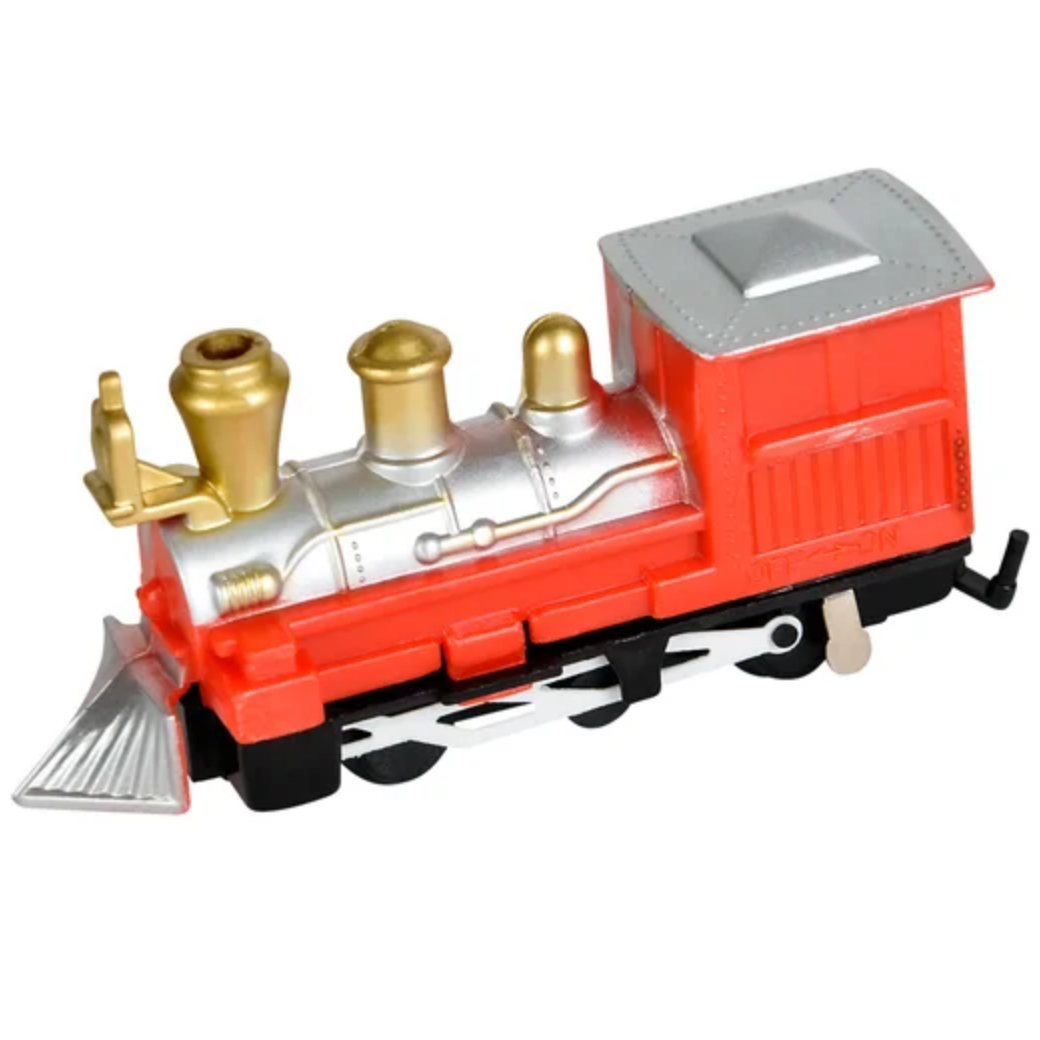 Toy train engine with red body, gold and silver details on a white background
