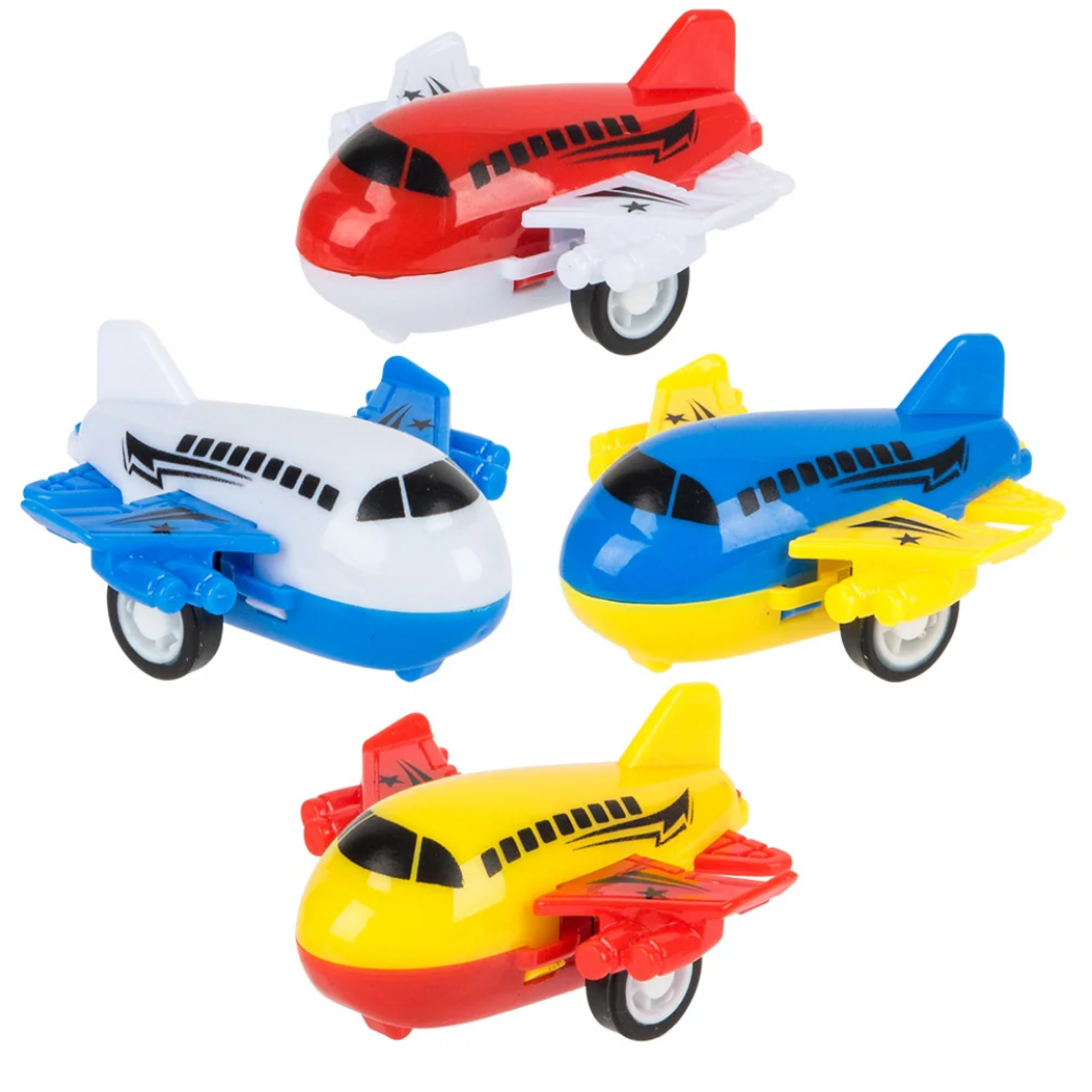 Four colorful toy airplanes on a white background