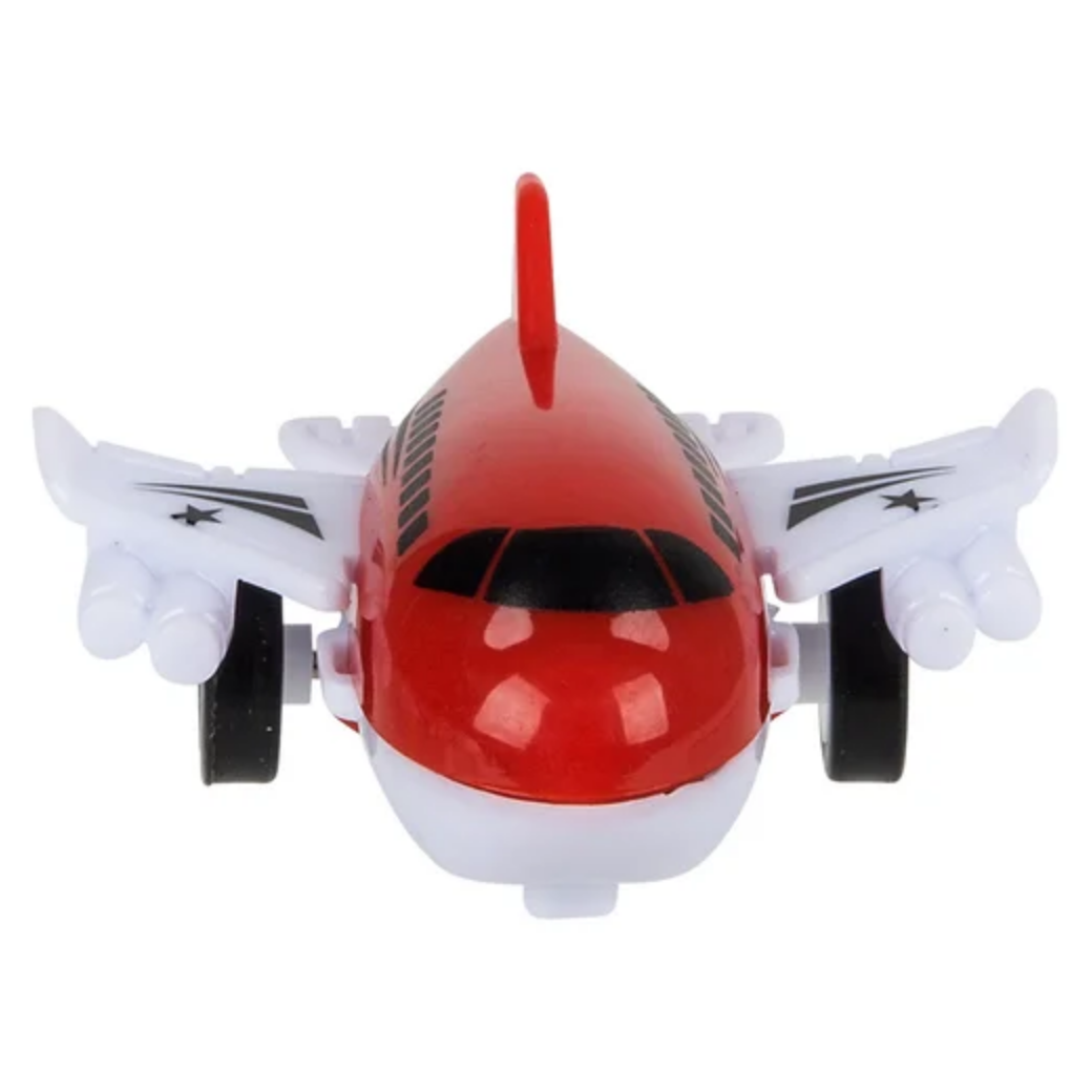 Red and white toy airplane on a white background