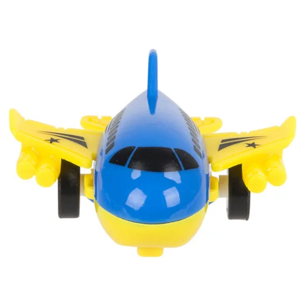 Toy airplane with blue body and yellow wings on a white background