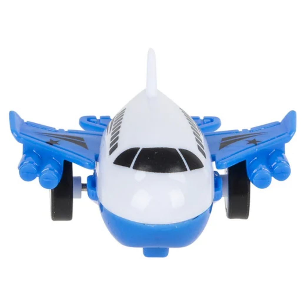 Toy airplane with blue wings and white body on a white background