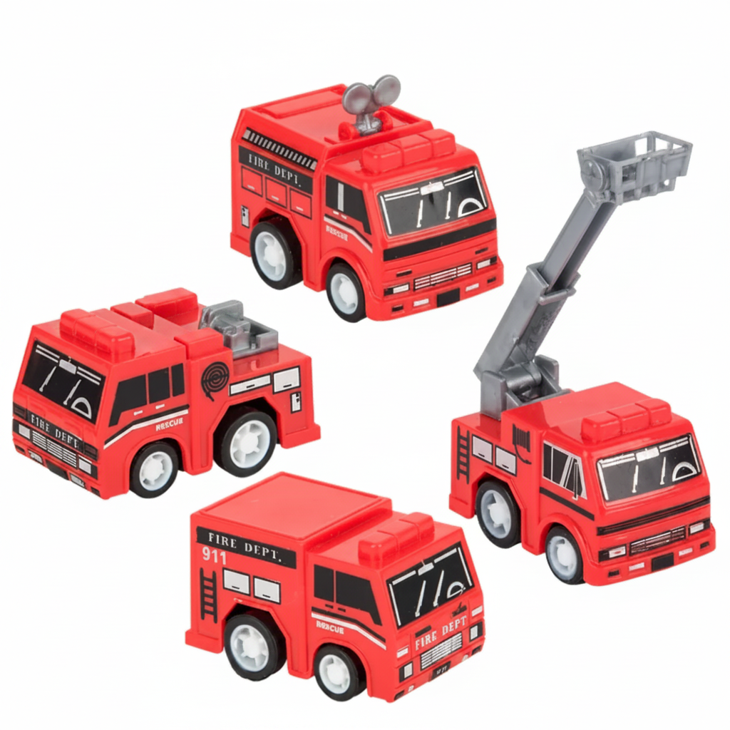 Set of red toy fire trucks with extended ladders on a white background