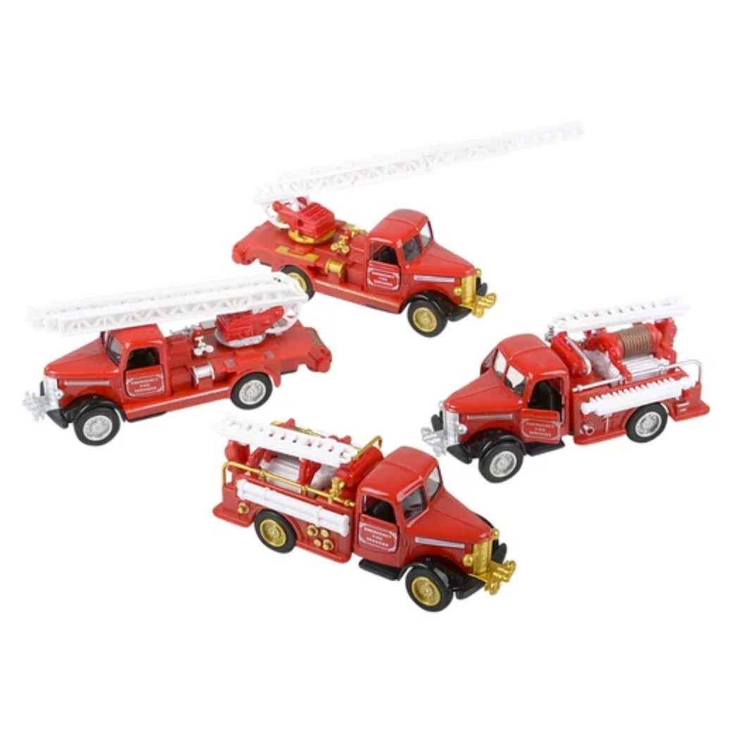 Set of red toy fire trucks with various attachments on a white background.