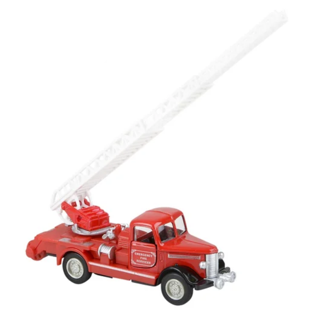 Red toy fire truck with a white hose on a white background