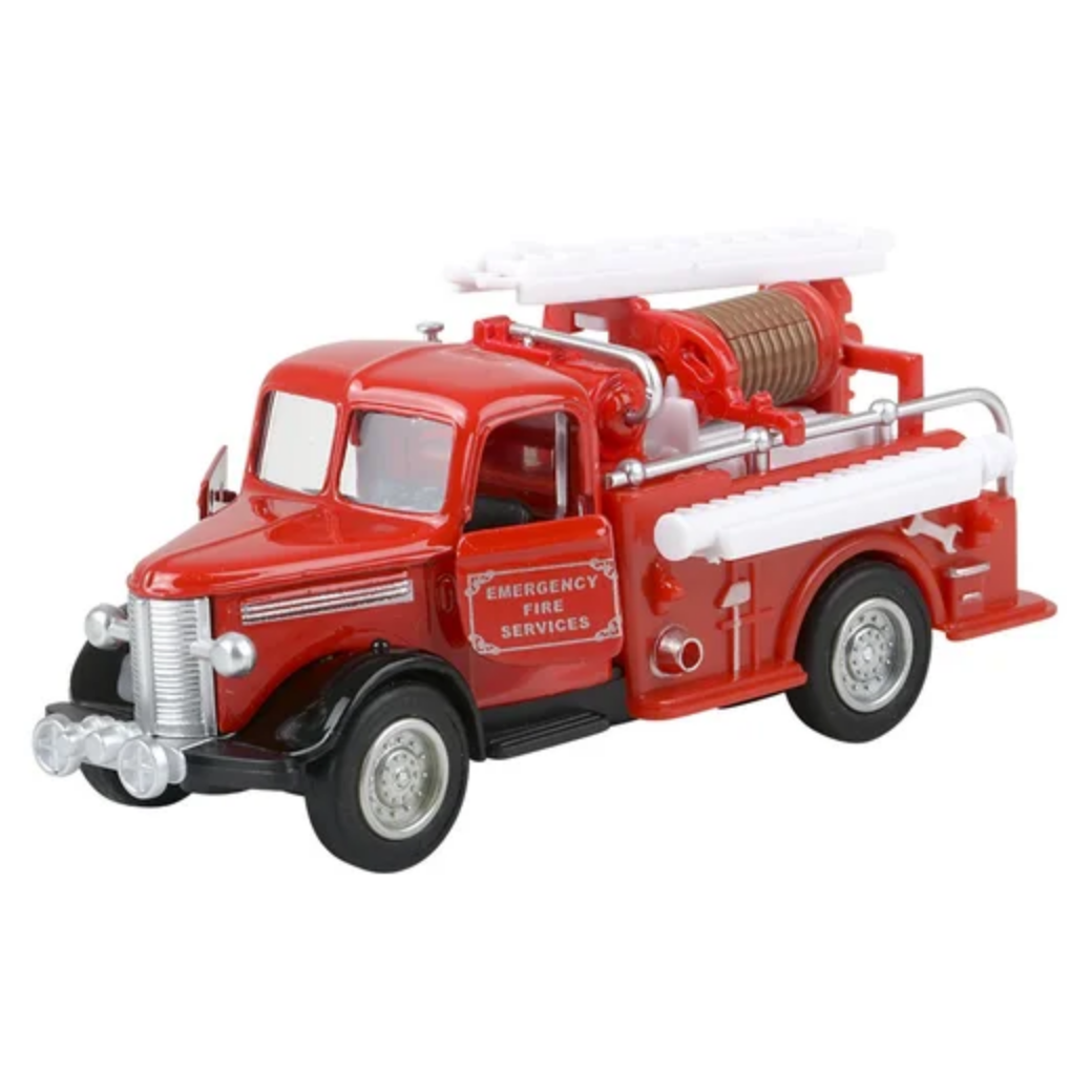 Red toy fire truck with a white background
