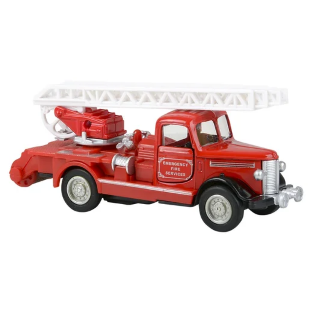 Red toy fire truck with a white ladder on a white background