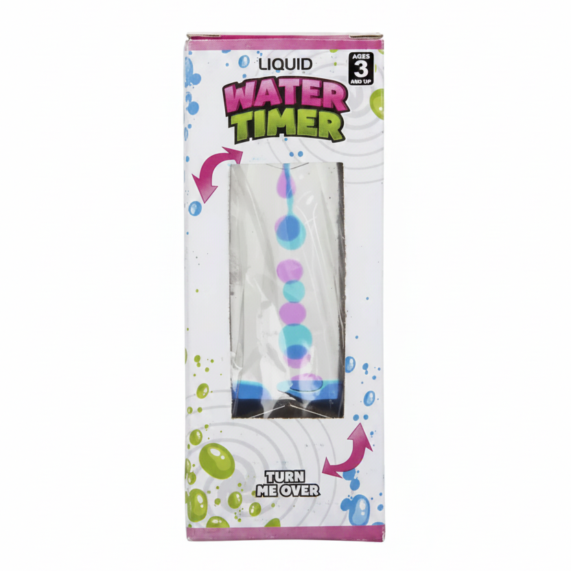 Boxed water timer with colorful design and text on a white background