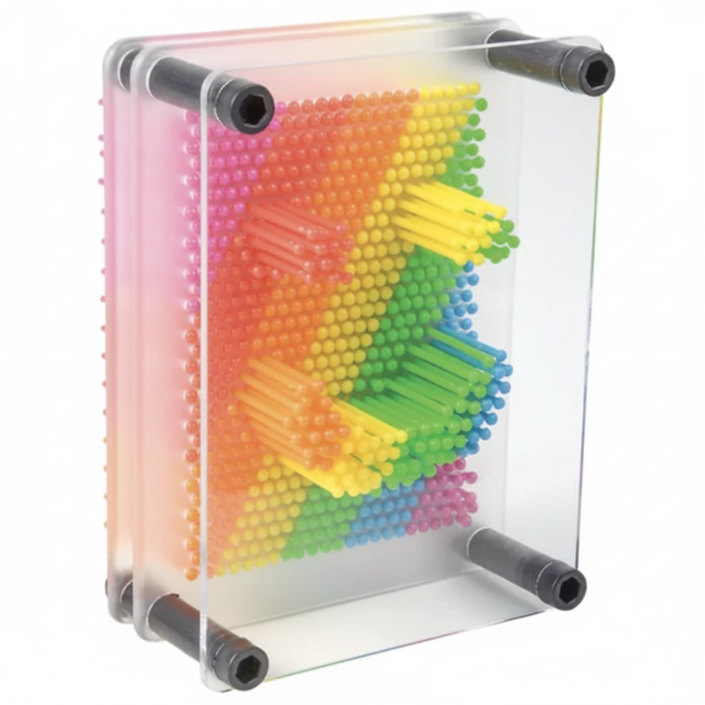 Colorful 3D puzzle made of interlocking plastic bricks in a clear plastic case.