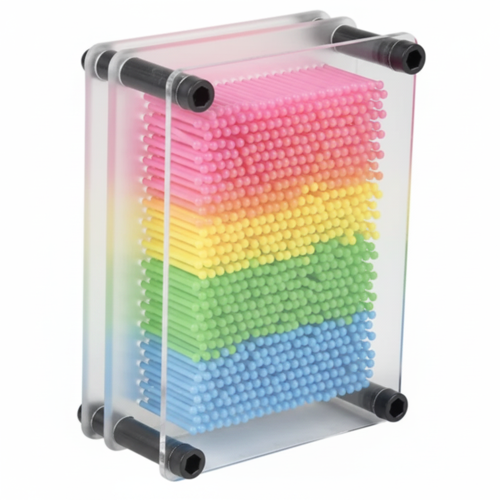 Stackable building block set with rainbow-colored bricks in a clear holder