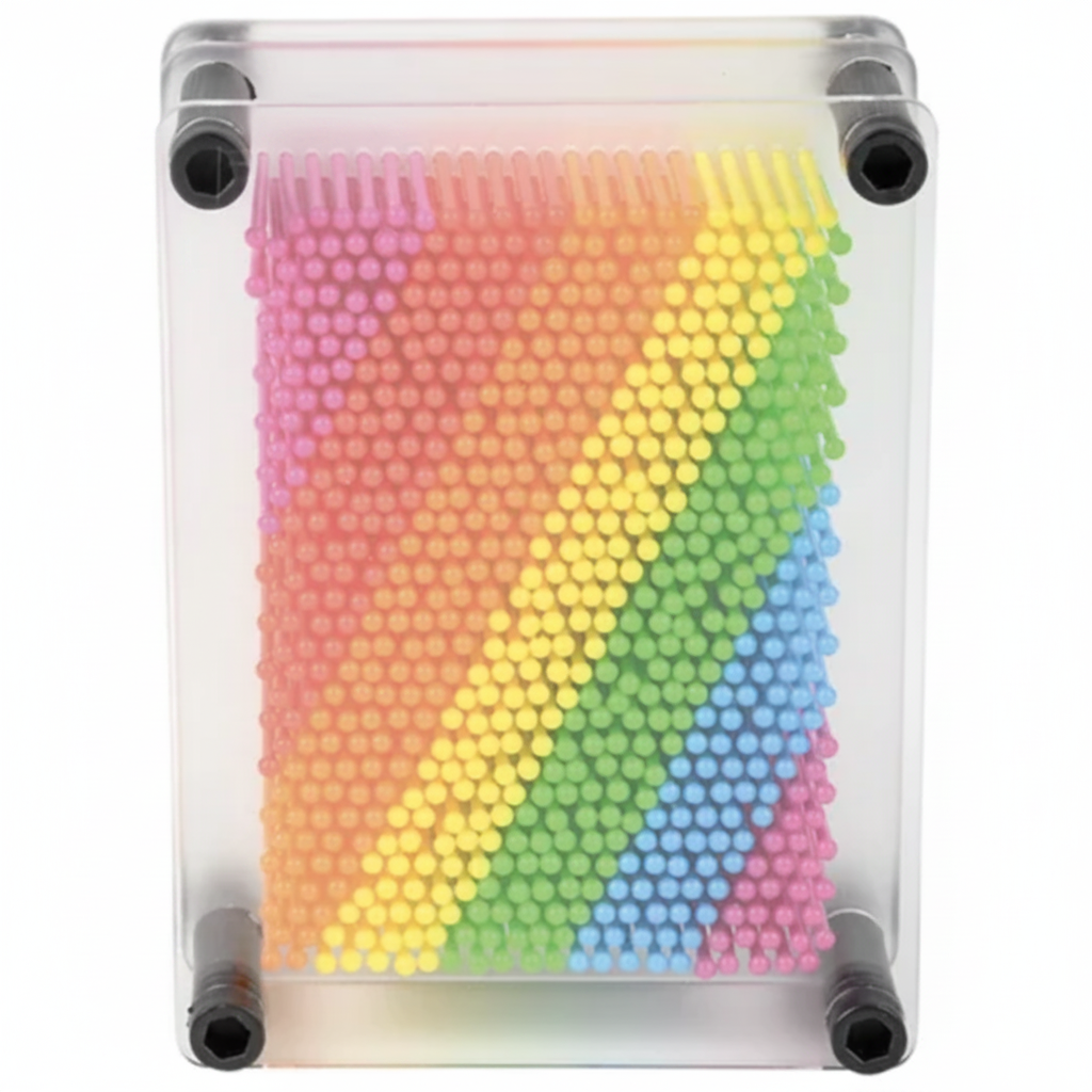 Colorful bead pattern in a clear container with Rhode Island Novelty branding.