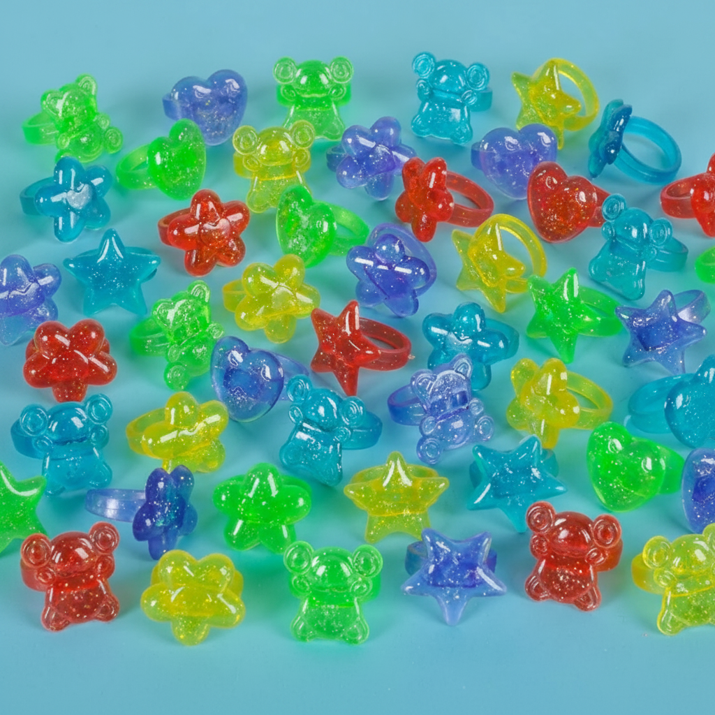 Colorful gummy bear and star-shaped candies on a blue background