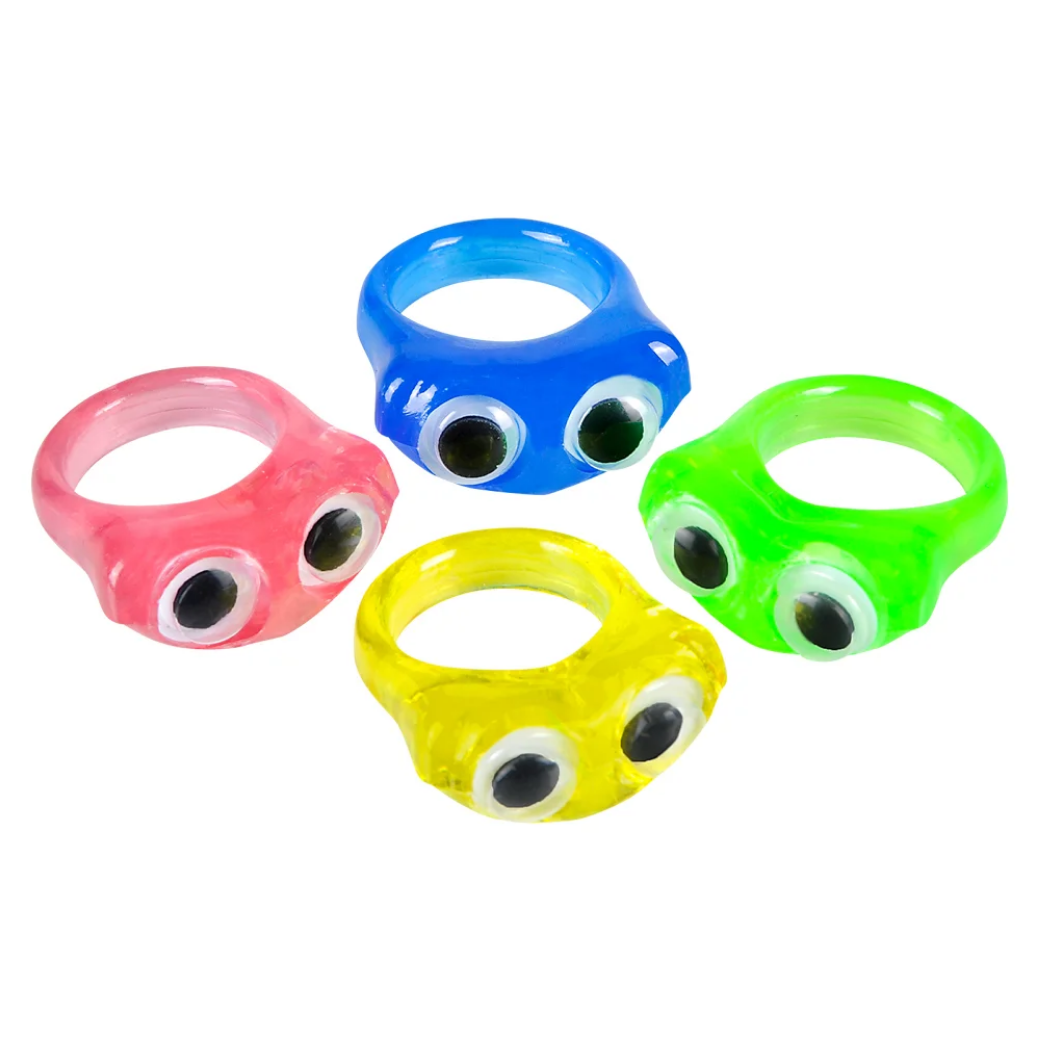 Four colorful rings with googly eyes on a white background